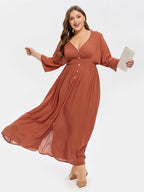 VIP V-Neck Button Front Elastic Waist Split Maxi Dress