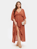 VIP V-Neck Button Front Elastic Waist Split Maxi Dress