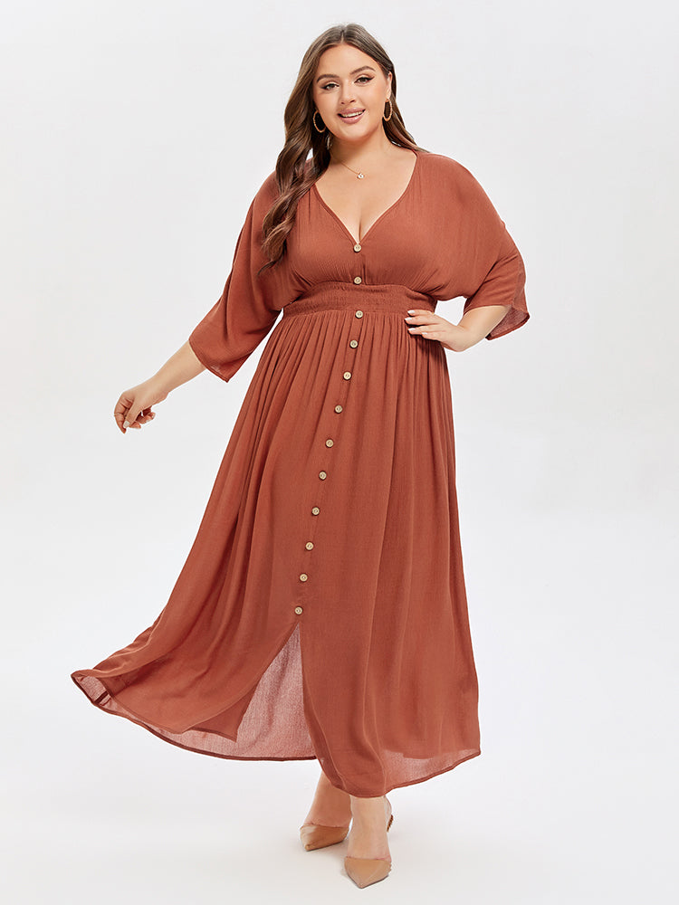 VIP V-Neck Button Front Elastic Waist Split Maxi Dress