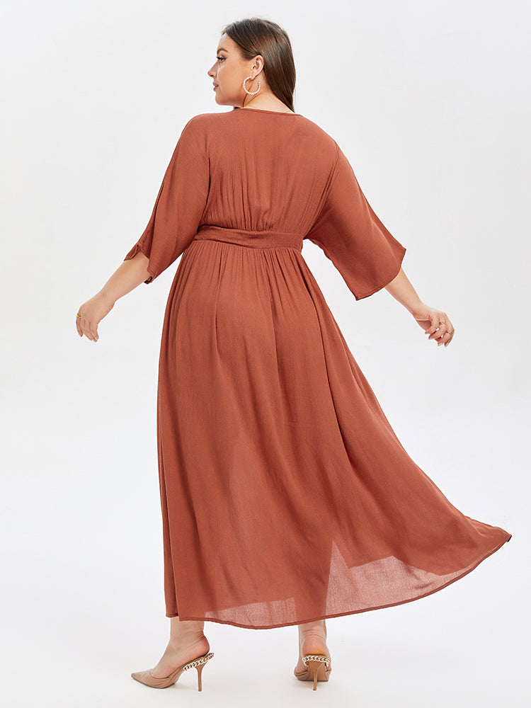 VIP V-Neck Button Front Elastic Waist Split Maxi Dress