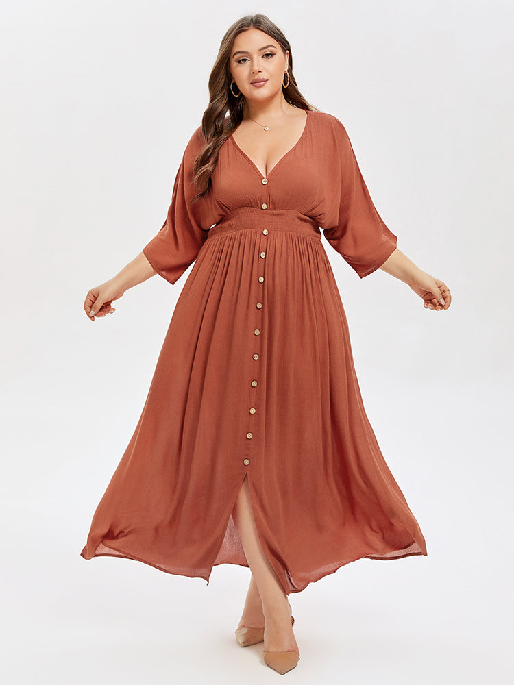 VIP V-Neck Button Front Elastic Waist Split Maxi Dress
