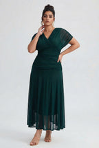 Curveins Plus Size V Neck Batwing Sleeve Cinched Waist Maxi Dress