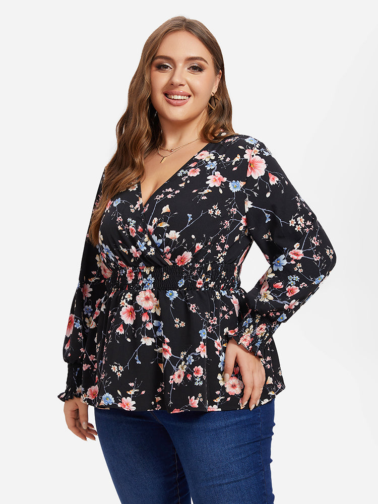 VIP Floral Print Flounce Sleeve Peplum Blouse