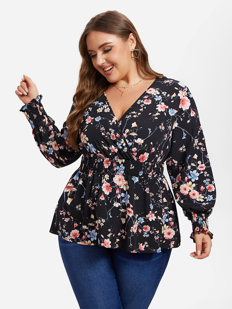 VIP Floral Print Flounce Sleeve Peplum Blouse