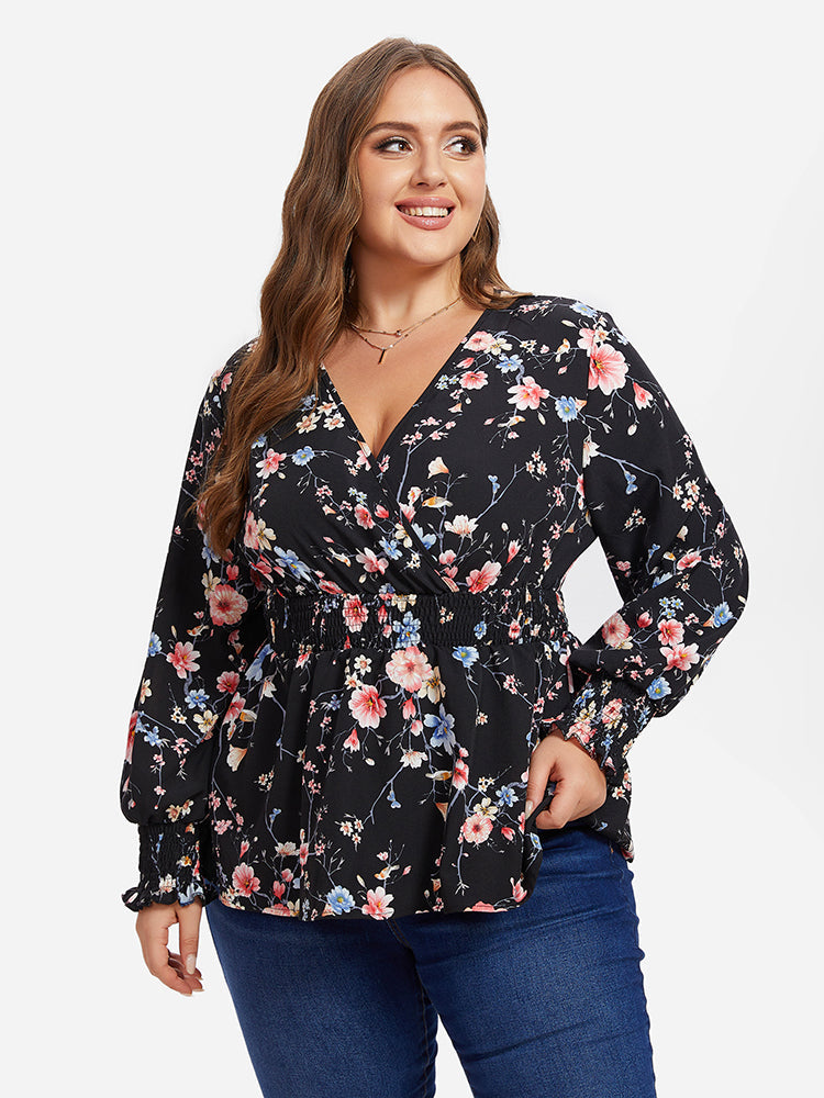 VIP Floral Print Flounce Sleeve Peplum Blouse
