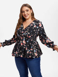VIP Floral Print Flounce Sleeve Peplum Blouse