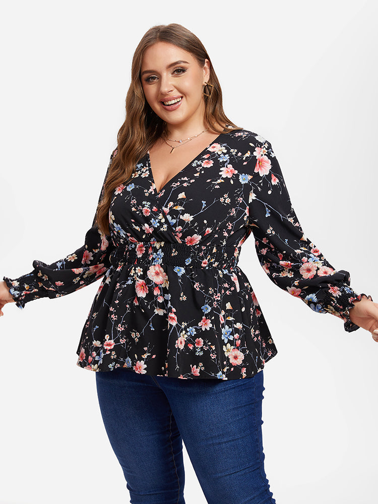 VIP Floral Print Flounce Sleeve Peplum Blouse