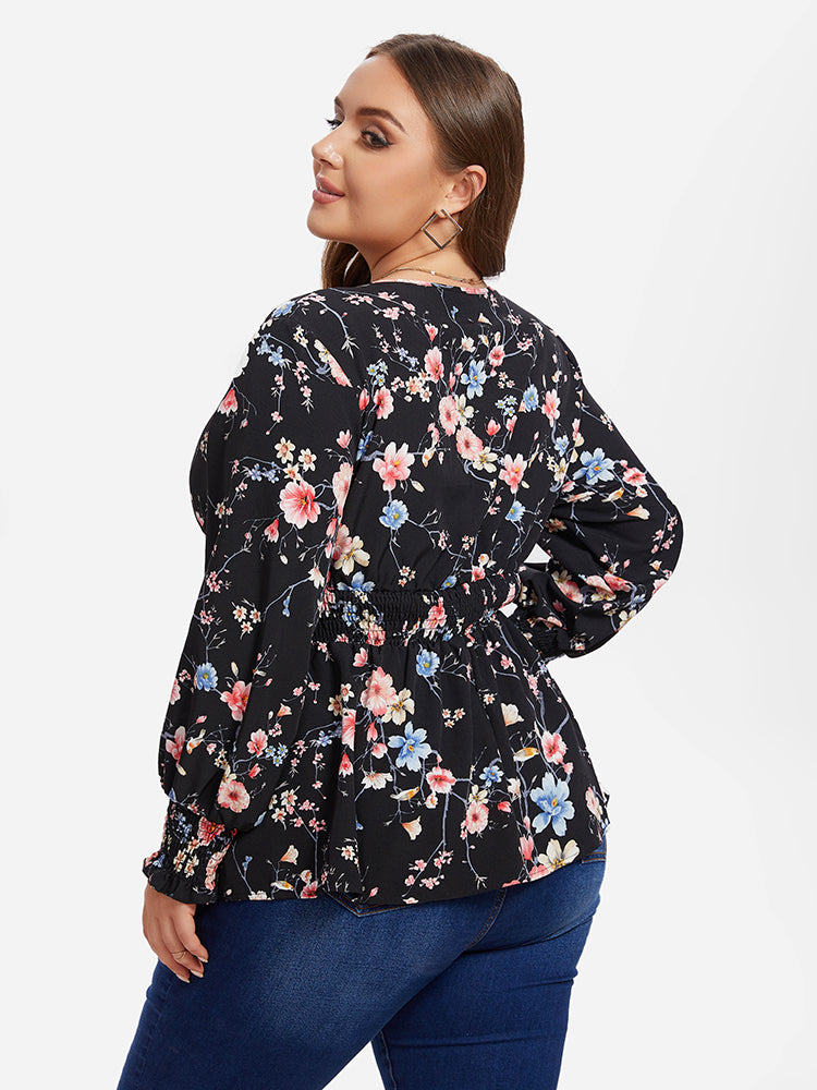 VIP Floral Print Flounce Sleeve Peplum Blouse