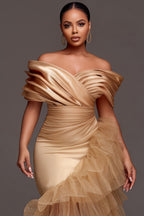 Xpluswear Design Plus Size Wedding Guest Tulle Champagne Off The Shoulder Ruffle Elegant Contrast Satin Midi Dresses