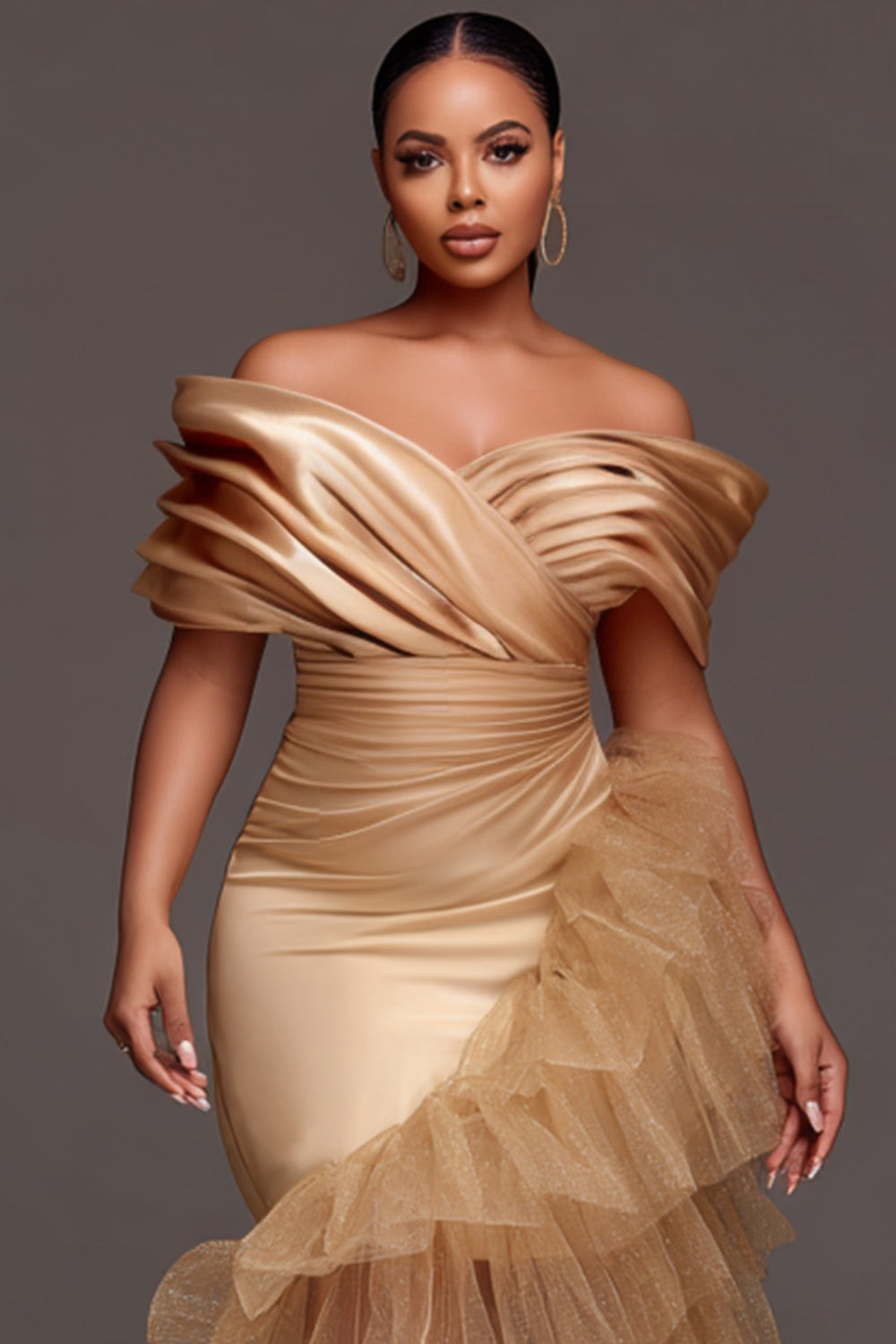 Xpluswear Design Plus Size Wedding Guest Tulle Champagne Off The Shoulder Ruffle Elegant Contrast Satin Midi Dresses