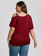 Plus Wine Red Cold Shoulder Batwing Sleeve Ruched Tee