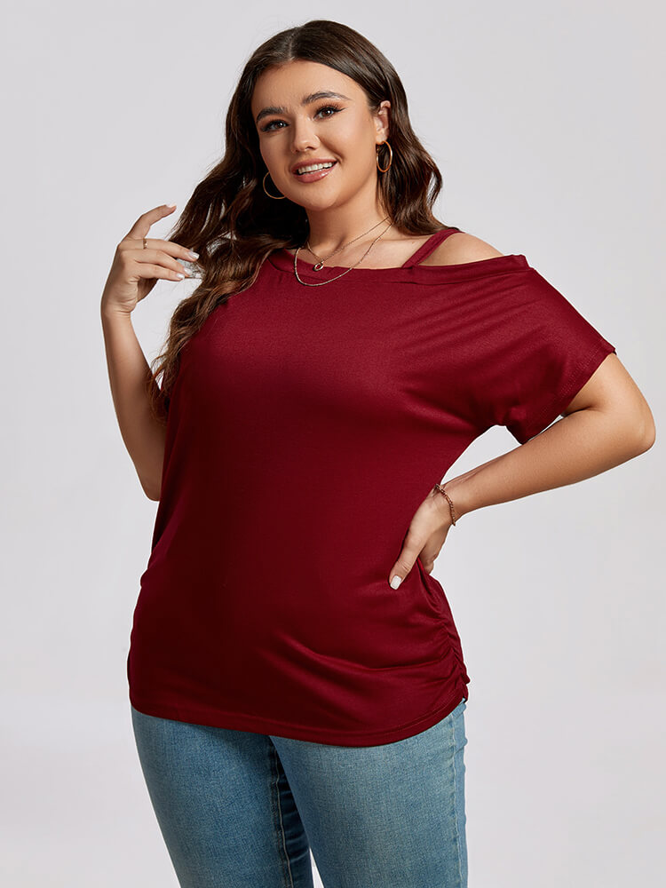 Plus Wine Red Cold Shoulder Batwing Sleeve Ruched Tee