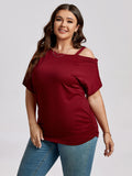 Plus Wine Red Cold Shoulder Batwing Sleeve Ruched Tee