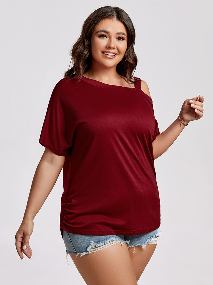 Plus Wine Red Cold Shoulder Batwing Sleeve Ruched Tee