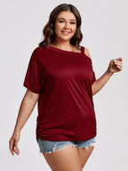 Plus Wine Red Cold Shoulder Batwing Sleeve Ruched Tee