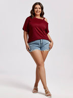 Plus Wine Red Cold Shoulder Batwing Sleeve Ruched Tee