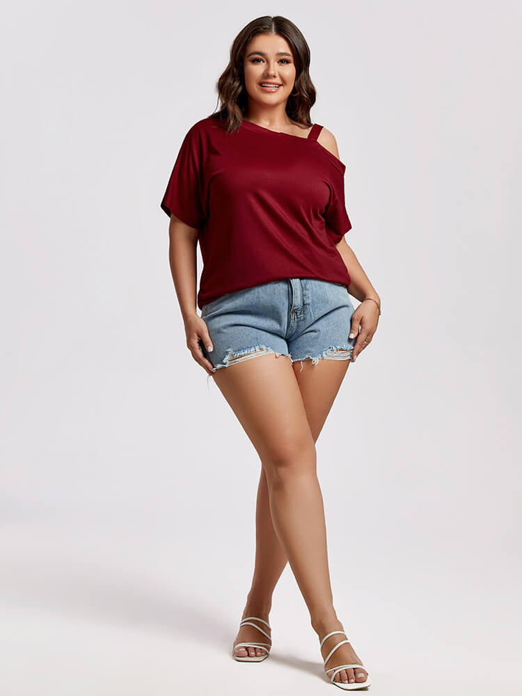 Plus Wine Red Cold Shoulder Batwing Sleeve Ruched Tee