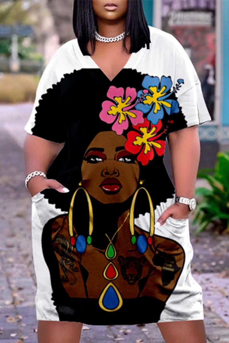 Xpluswear Plus Size V Neck African Short Sleeve Cute Black Girl Print With Pockets Midi Dress-Red