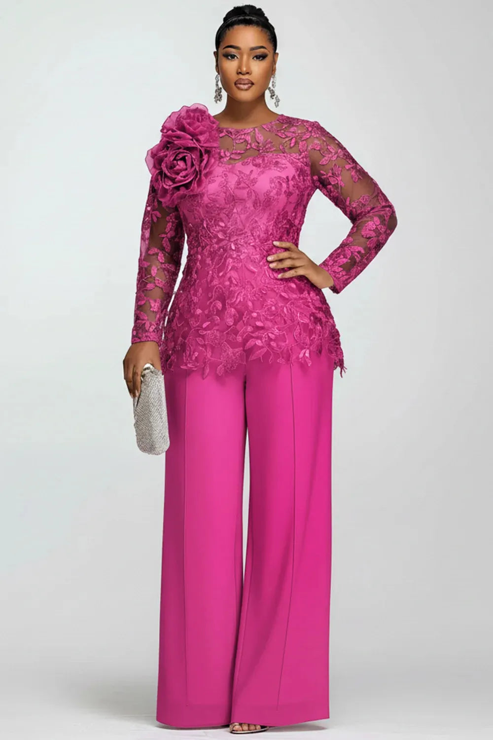 Xpluswear Design Plus Size Mother Of The Bride Chiffon Hot Pink Round Neck Long Sleeve 3D See Through Lace Two Piece Pant Suits
