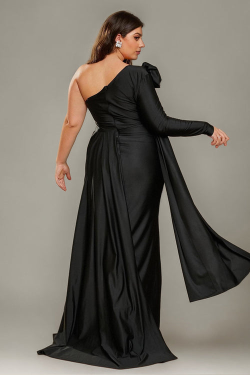 Curveins Plus Size Elegant One Shoulder 3D Floral Sash Detail High Slit Bodycon Maxi Dress