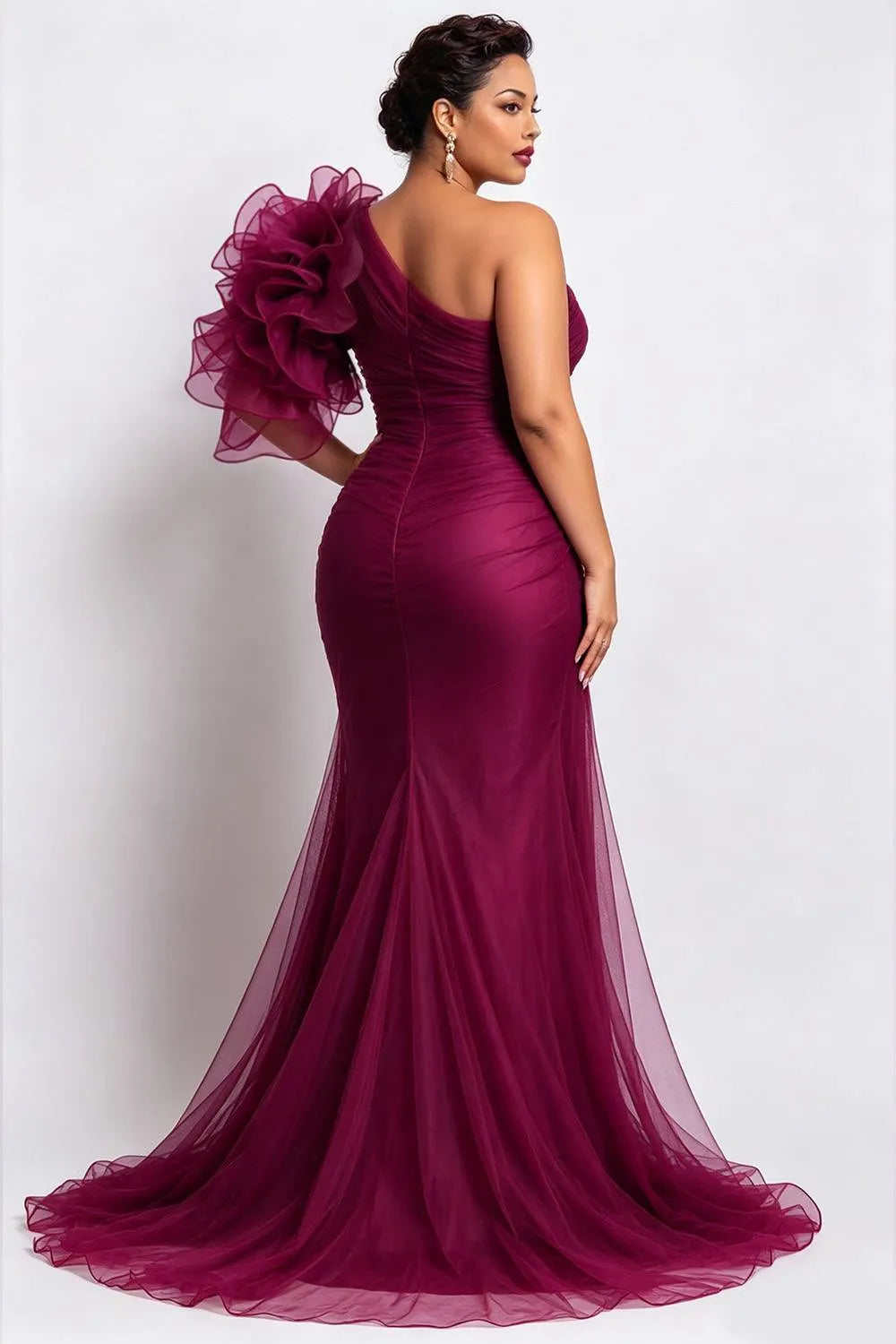 Xpluswear Design Plus Size Formal Black Oblique Collar One Shoulder Short Sleeve 3D Split Chiffon Maxi Dresses [Pre-Order]
