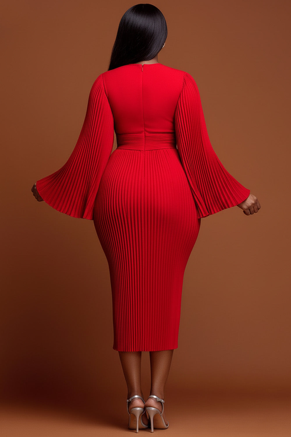 Xpluswear Design Plus Size Christmas Red Round Neck Flare Long Sleeve Bodycon Elegant Pleated Knitted Midi Dresses