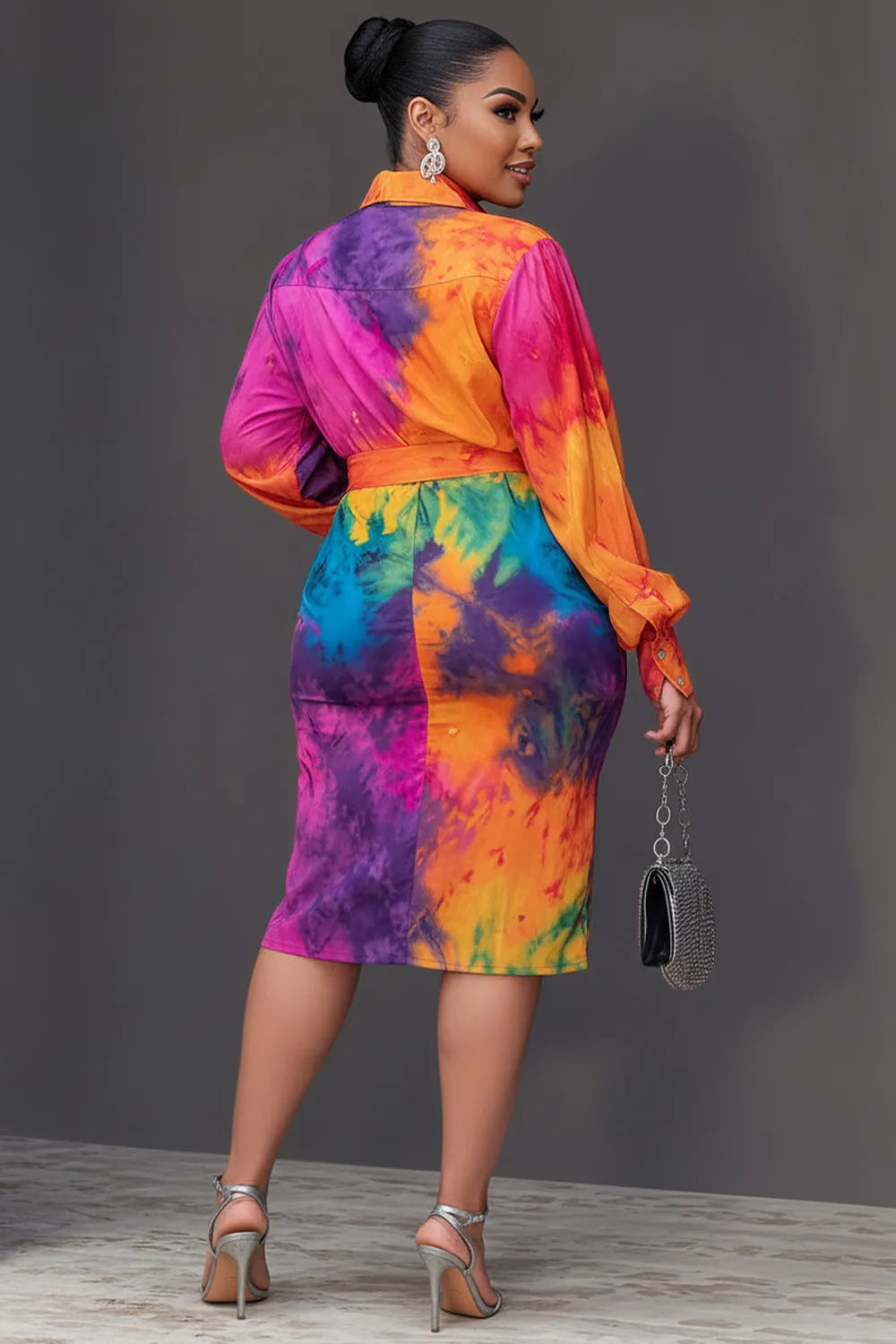 Xpluswear Design Plus Size Daily Multicolor Tie Dye Shirt Collar Lantern Sleeve Long Sleeve Bodycon Wrap Midi Dresses
