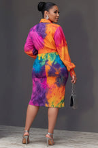 Xpluswear Design Plus Size Daily Multicolor Tie Dye Shirt Collar Lantern Sleeve Long Sleeve Bodycon Wrap Midi Dresses