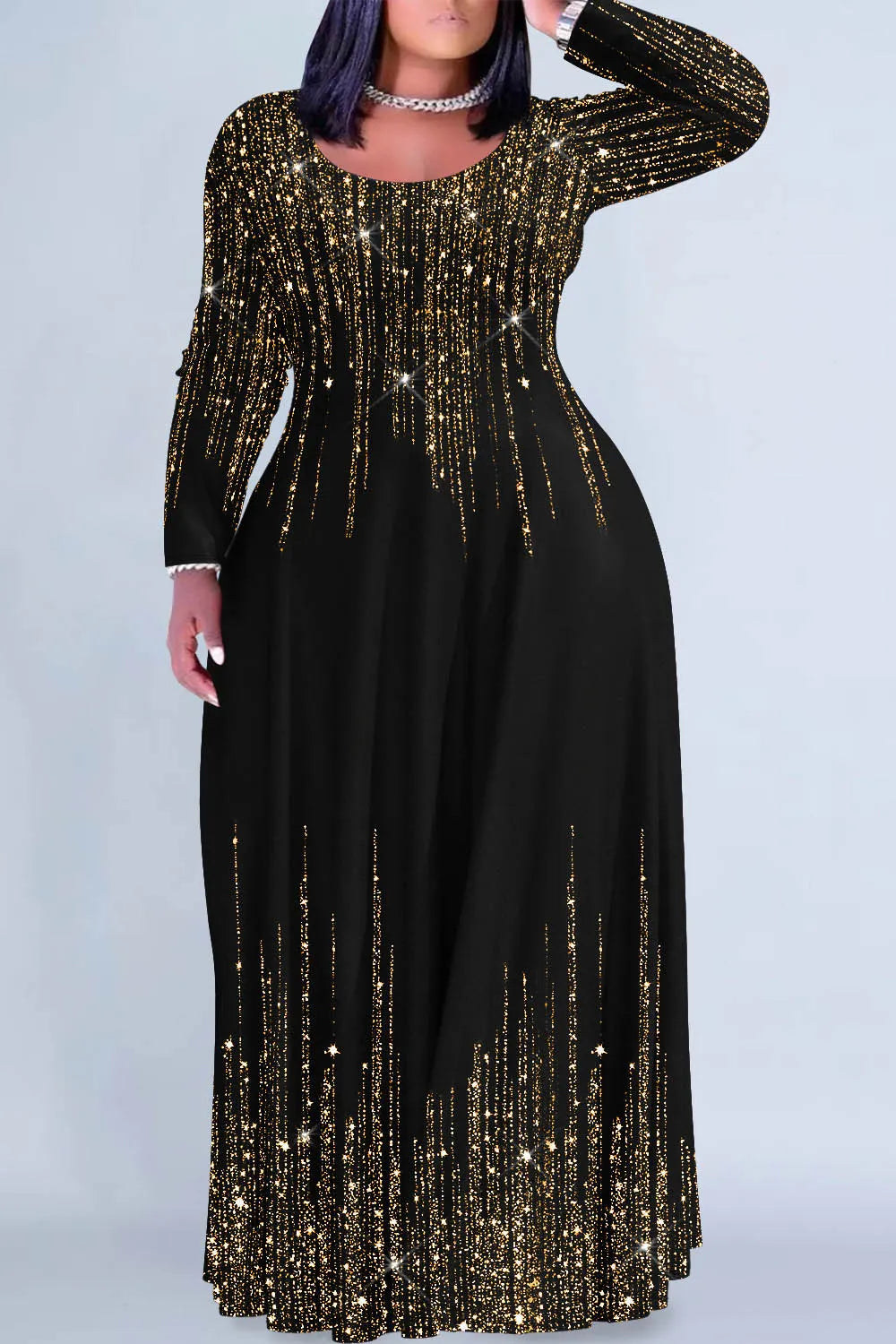 Xpluswear Design Plus Size Christmas Black Gradient Round Neck Long Sleeve Maxi Dresses