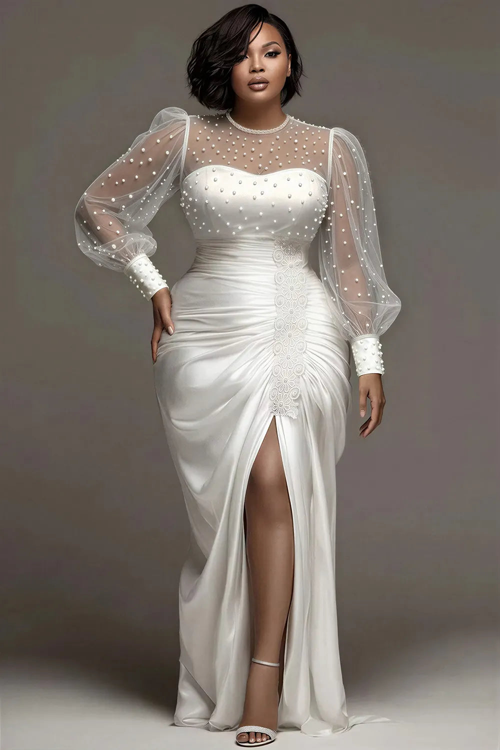 Xpluswear Design Plus Size Wedding Tulle White Round Neck Puff Sleeve Long Sleeve See Through Pearls Satin Maxi Dresses