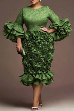 Xpluswear Design Plus Size Formal Green Round Neck Flare 3/4 Sleeve 3D Ruffle Satin Midi Dresses