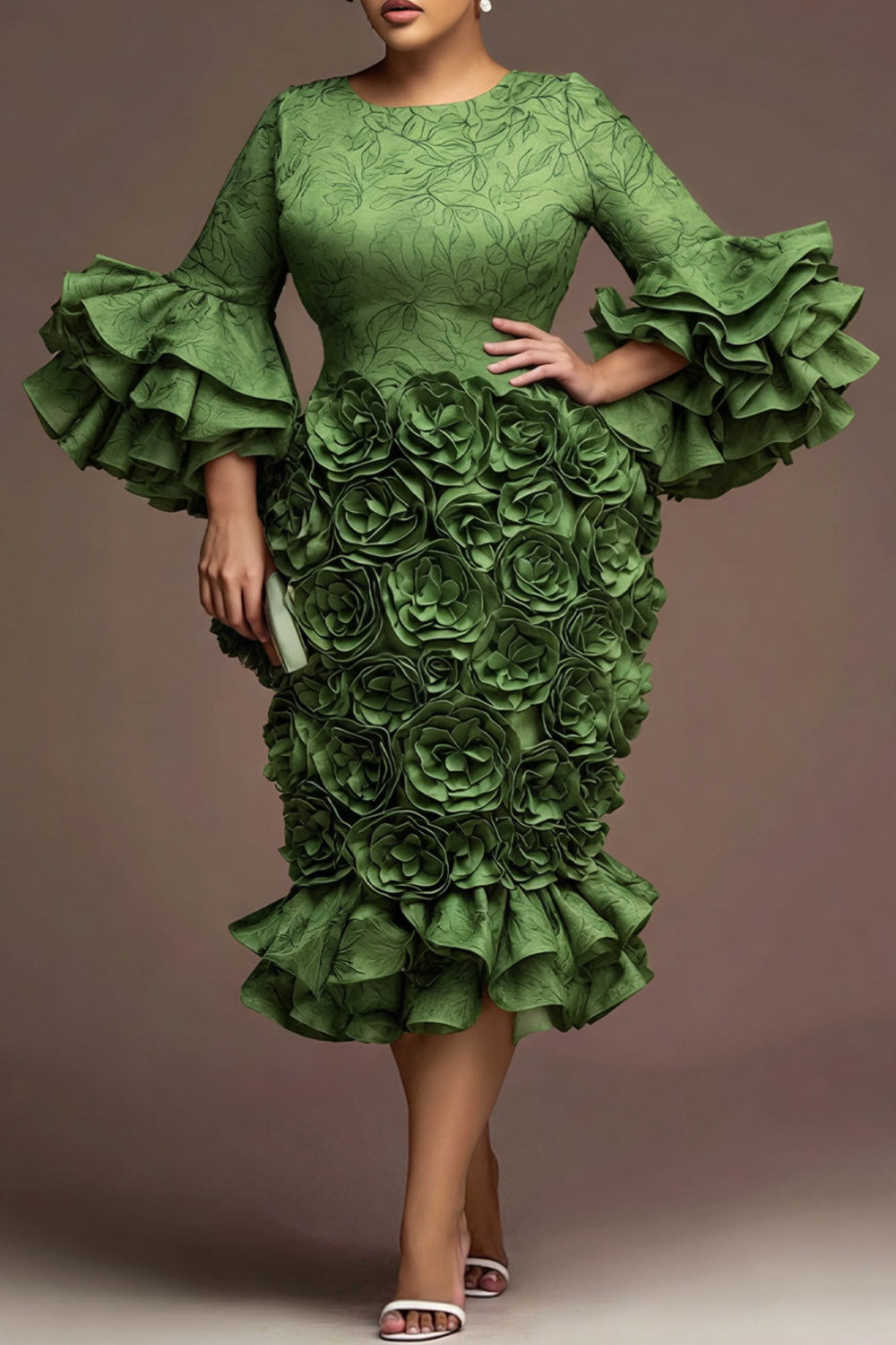 Xpluswear Design Plus Size Formal Green Round Neck Flare 3/4 Sleeve 3D Ruffle Satin Midi Dresses