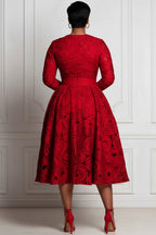 Xpluswear Design Plus Size Red All Over Print Round Neck Long Sleeve Pocket Elegant Satin Midi Dresses