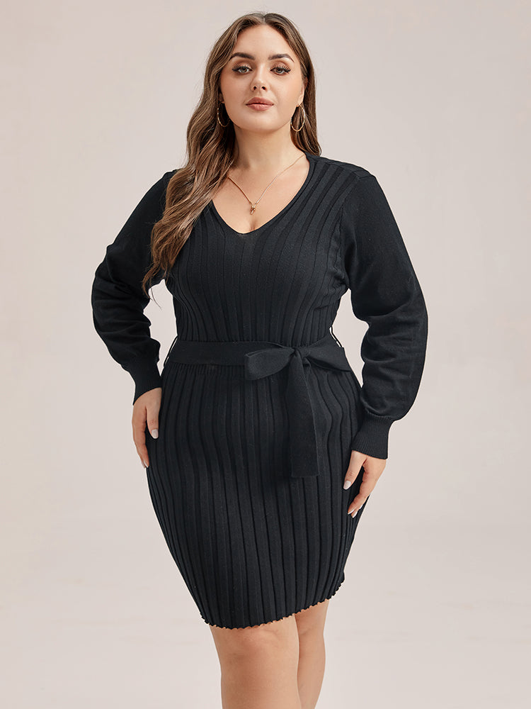 Solid Tie Lantern Sleeve Ribbed Knit Sweater Dress