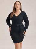 Solid Tie Lantern Sleeve Ribbed Knit Sweater Dress