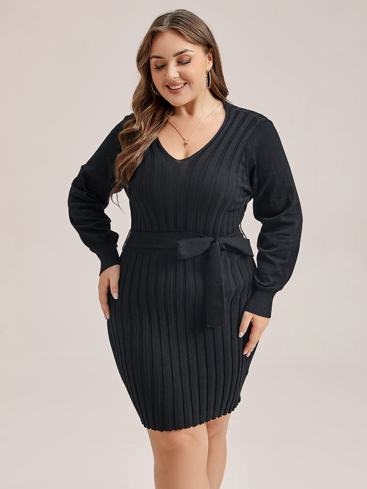 Solid Tie Lantern Sleeve Ribbed Knit Sweater Dress