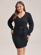 Solid Tie Lantern Sleeve Ribbed Knit Sweater Dress