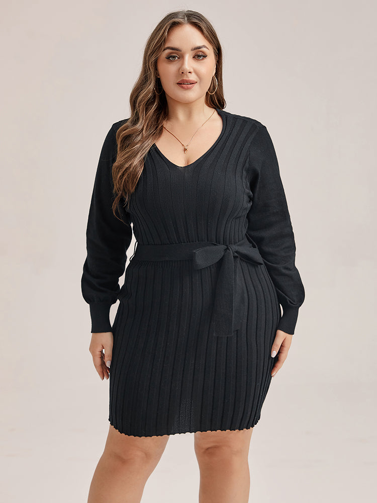 Solid Tie Lantern Sleeve Ribbed Knit Sweater Dress