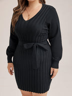 Solid Tie Lantern Sleeve Ribbed Knit Sweater Dress
