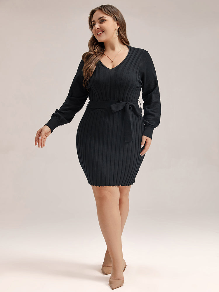 Solid Tie Lantern Sleeve Ribbed Knit Sweater Dress