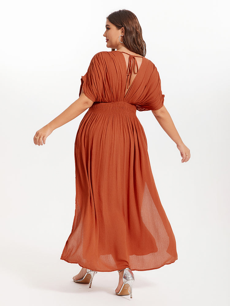 VIP V-Neck Batwing Sleeve Pocket Ruched Waist Maxi Dress