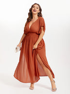 VIP V-Neck Batwing Sleeve Pocket Ruched Waist Maxi Dress