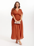 VIP V-Neck Batwing Sleeve Pocket Ruched Waist Maxi Dress