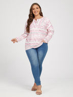 Plus Colorblock Striped V Neck Button Tee