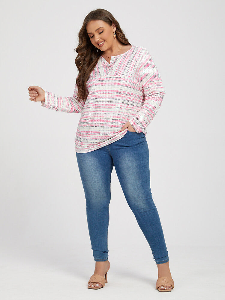 Plus Colorblock Striped V Neck Button Tee