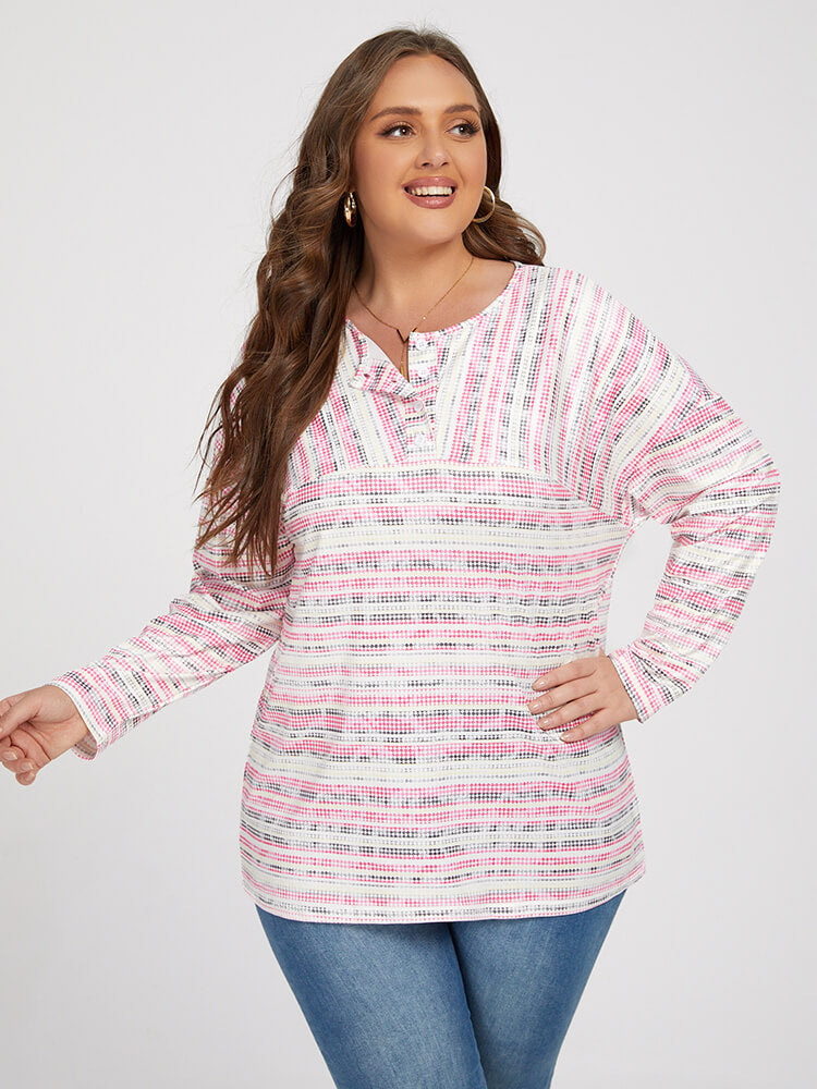 Plus Colorblock Striped V Neck Button Tee