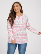 Plus Colorblock Striped V Neck Button Tee