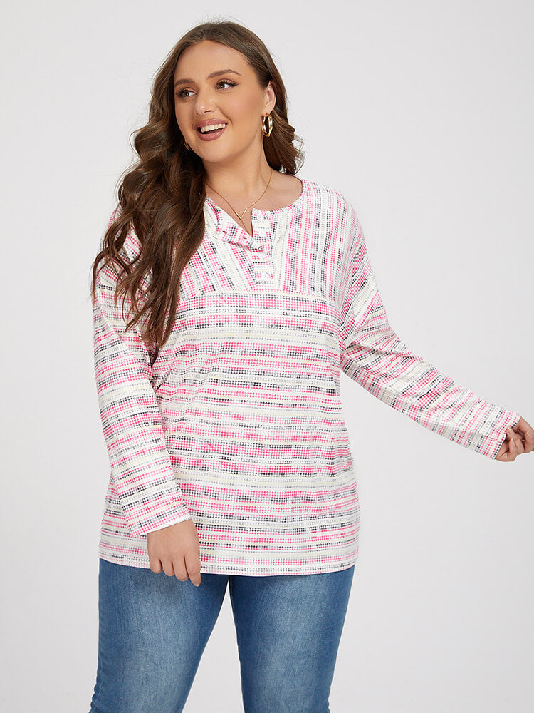 Plus Colorblock Striped V Neck Button Tee