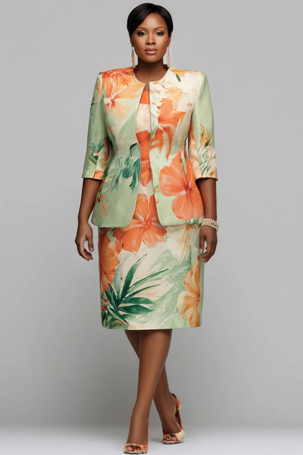 Xpluswear Design Plus Size Churchs Multicolor Floral Round Neck 3/4 Sleeve Split Satin Two Piece Dress Set