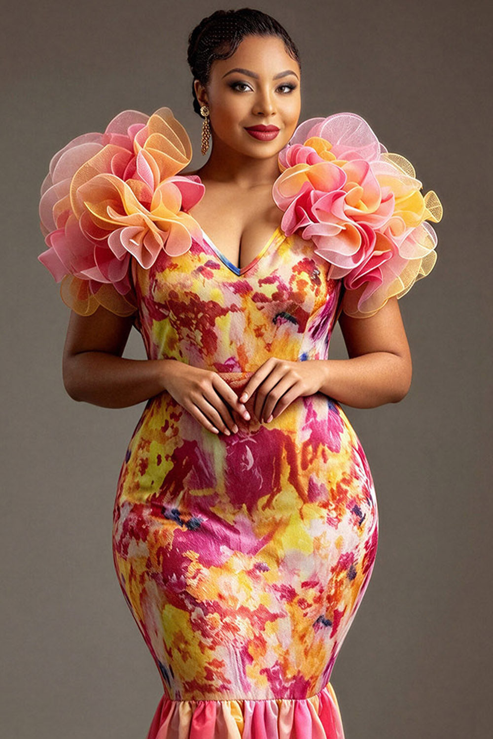 Xpluswear Design Plus Size Formal Multicolor Gradient V Neck Flutter Sleeve Mermaid Ruffle Tulle Maxi Dresses